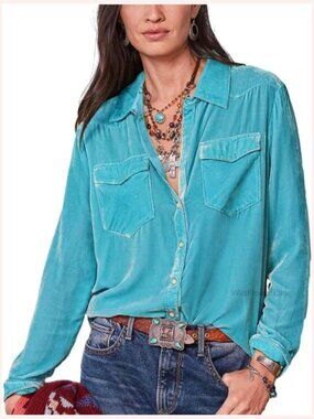 Vintage Velvet Button Down Shirt Long Sleeve Lapel Blouse with Pocket